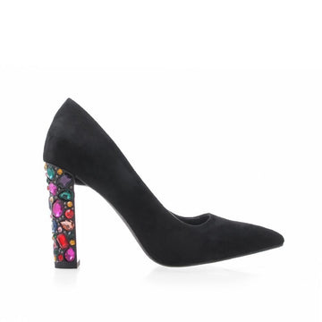 Black vegan suede pumps with multi-colored rhinestone heel