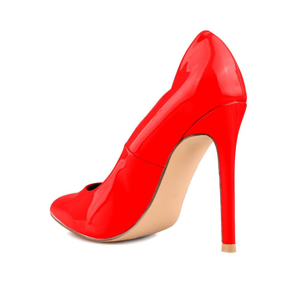 Women's pump heel in red-posterior view