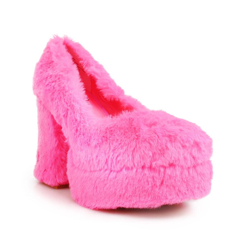 Pink fur women pumps with platform heel-corner view