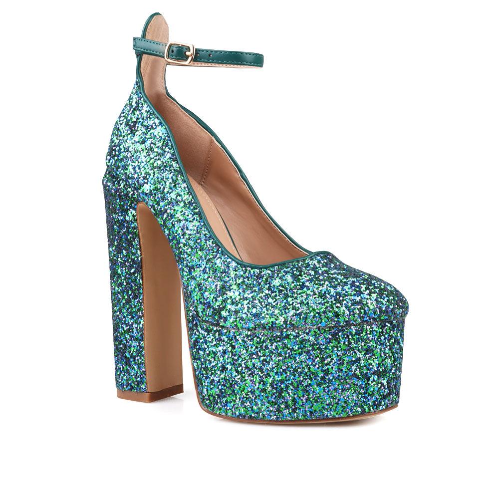 Green colored women platforms with ankle buckle closure-corner view