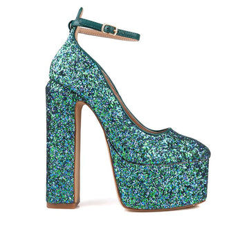 Green colored women platforms with ankle buckle closure-side view