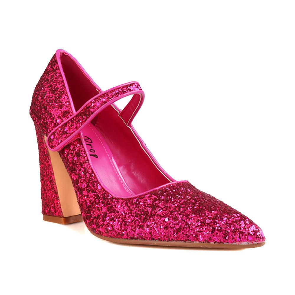 Glittery women block heels in fuchsia-corner view