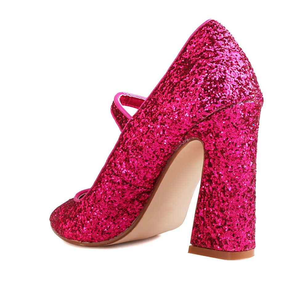 Glittery women block heels in fuchsia-posterior view