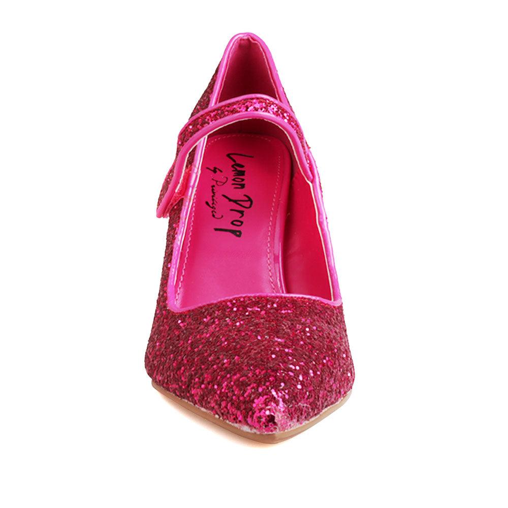 Glittery women block heels in fuchsia-front view