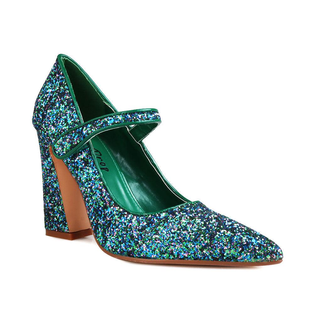 Glittery women block heels in peacock-corner view