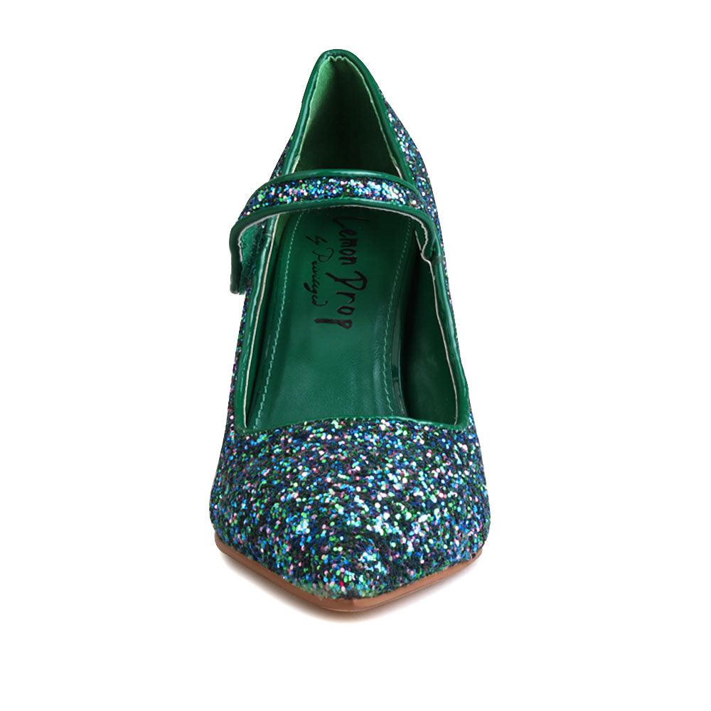 Glittery women block heels in peacock-front view