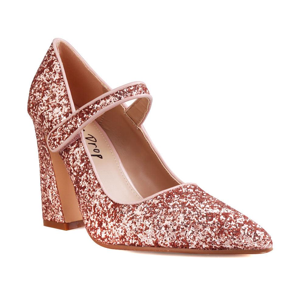 Glittery women block heels in rose gold-corner view