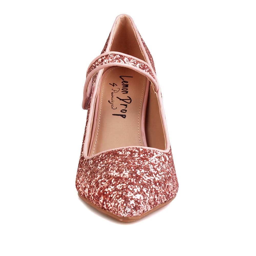 Glittery women block heels in rose gold-frotn view