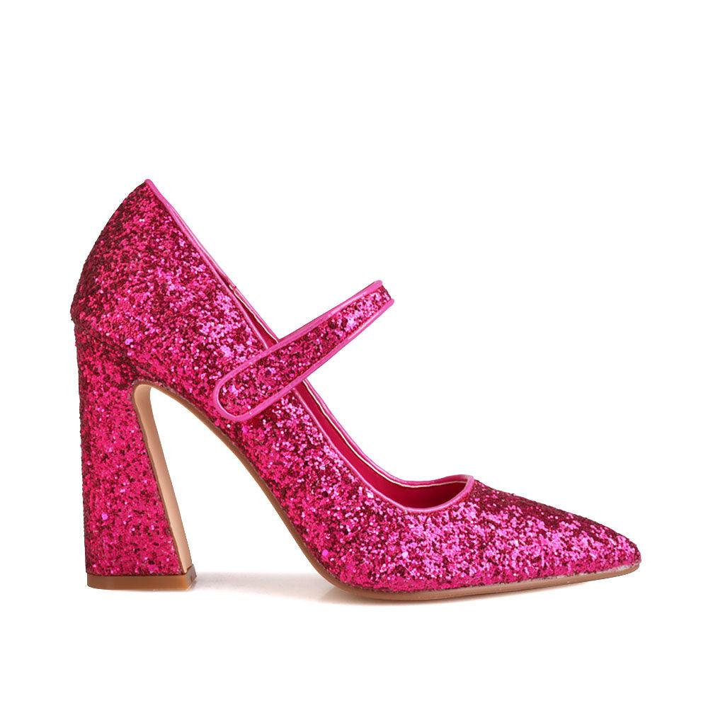 Glittery women block heels in fuchsia-side view