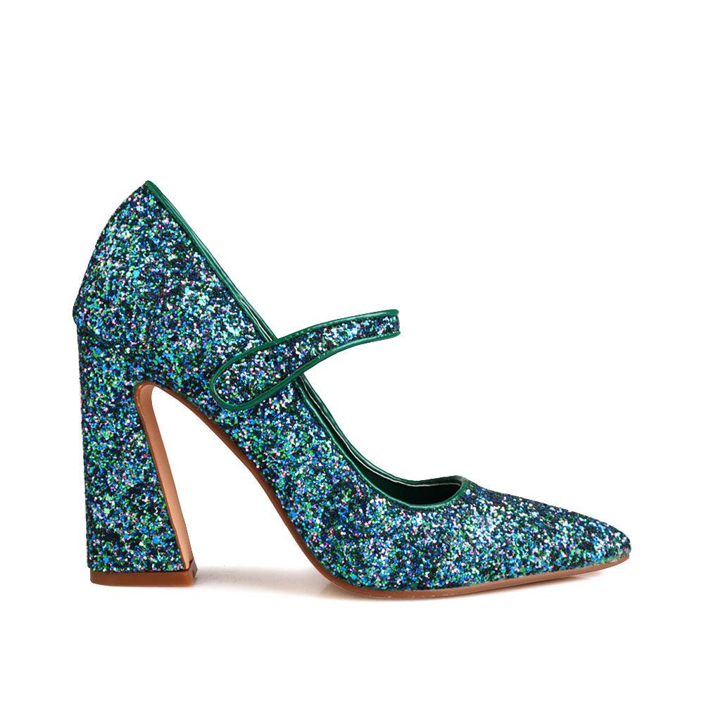 Glittery women block heels in peacock-side view