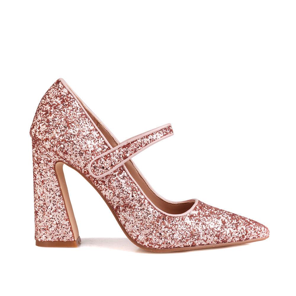 Glittery women block heels in rose gold-side view