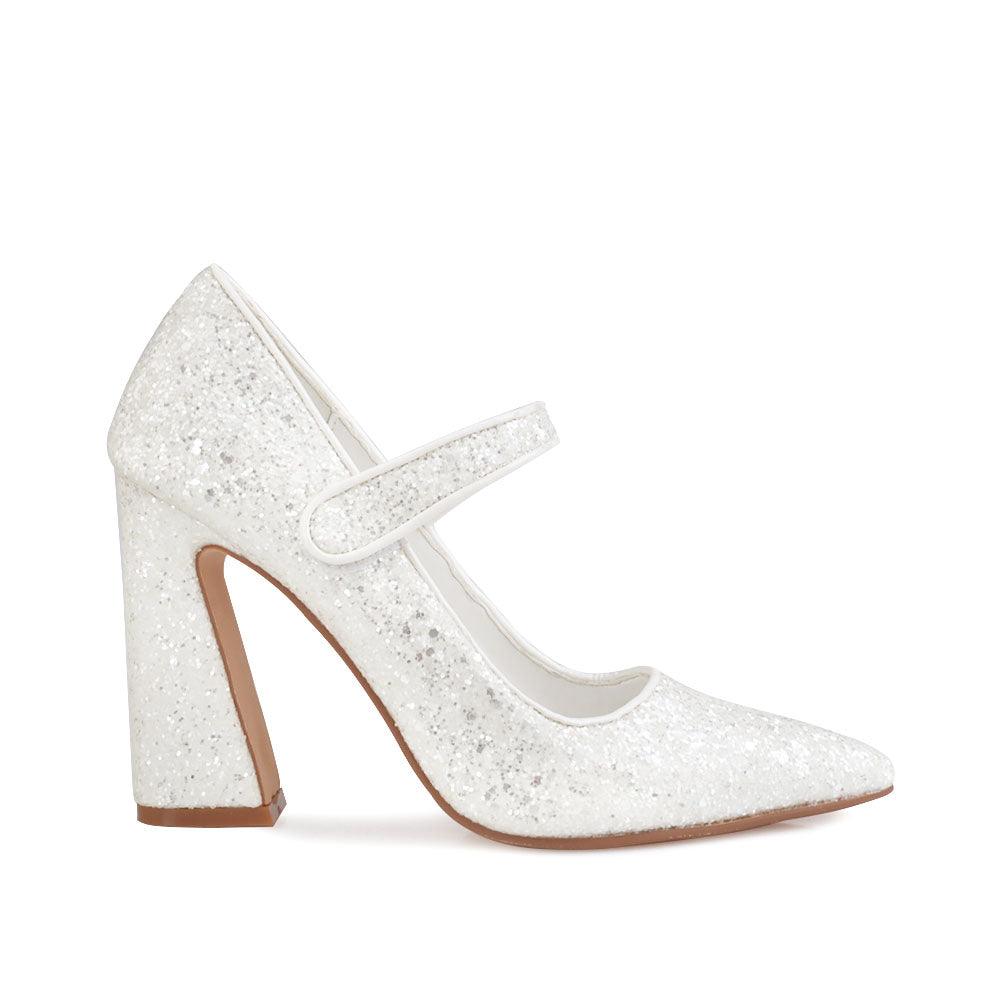 Glittery women block heels in white-side view