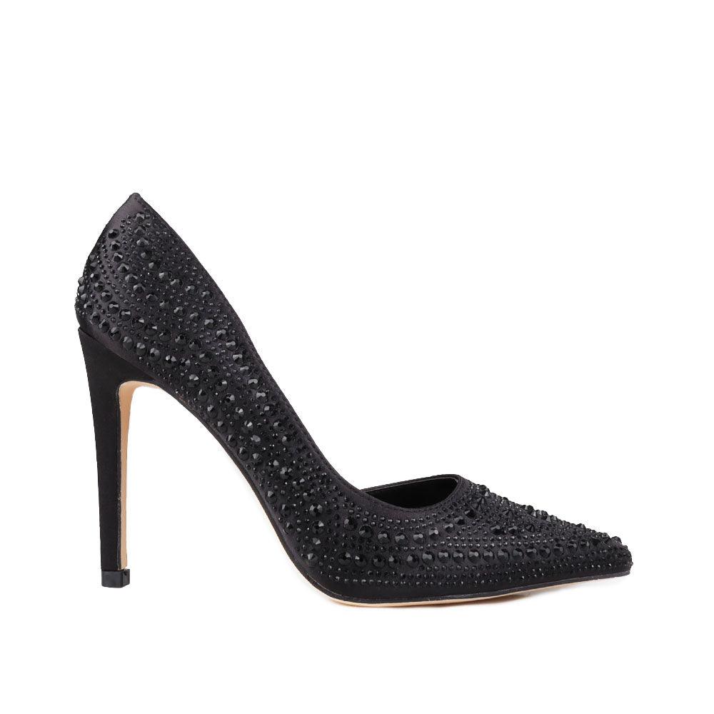 Slip-on black pump shoes with rhinestone studded upper.