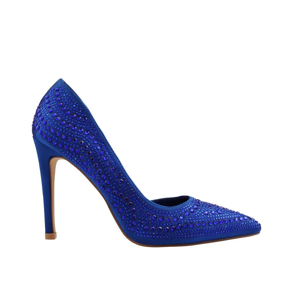 Pump heels in cobalt with rhinestone studded upper and slip on design.