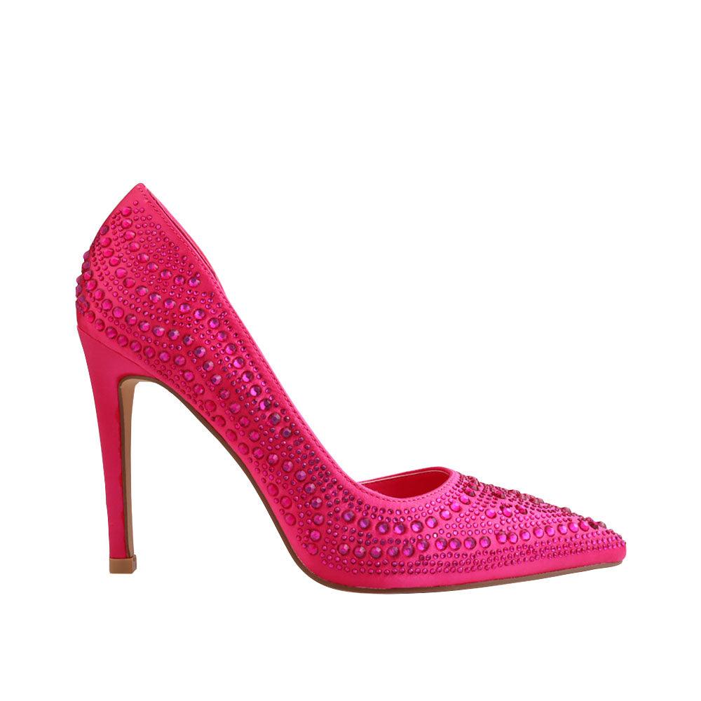 Slip-on fuchsia pump shoes with rhinestones embellishment on the upper.