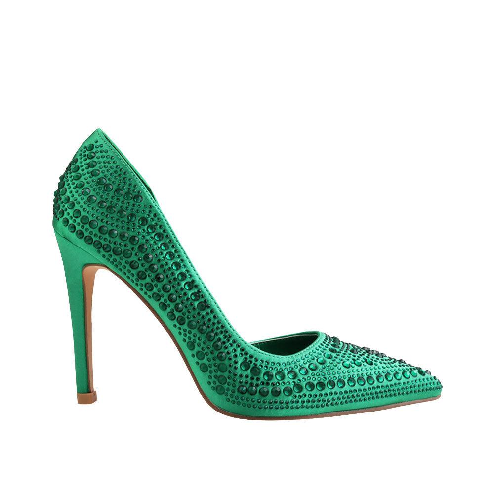 Green pump heels with rhinestone studded upper and slip on style.