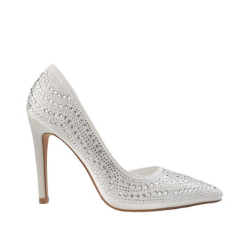 White colored pump heels with gem studded upper and slip on style