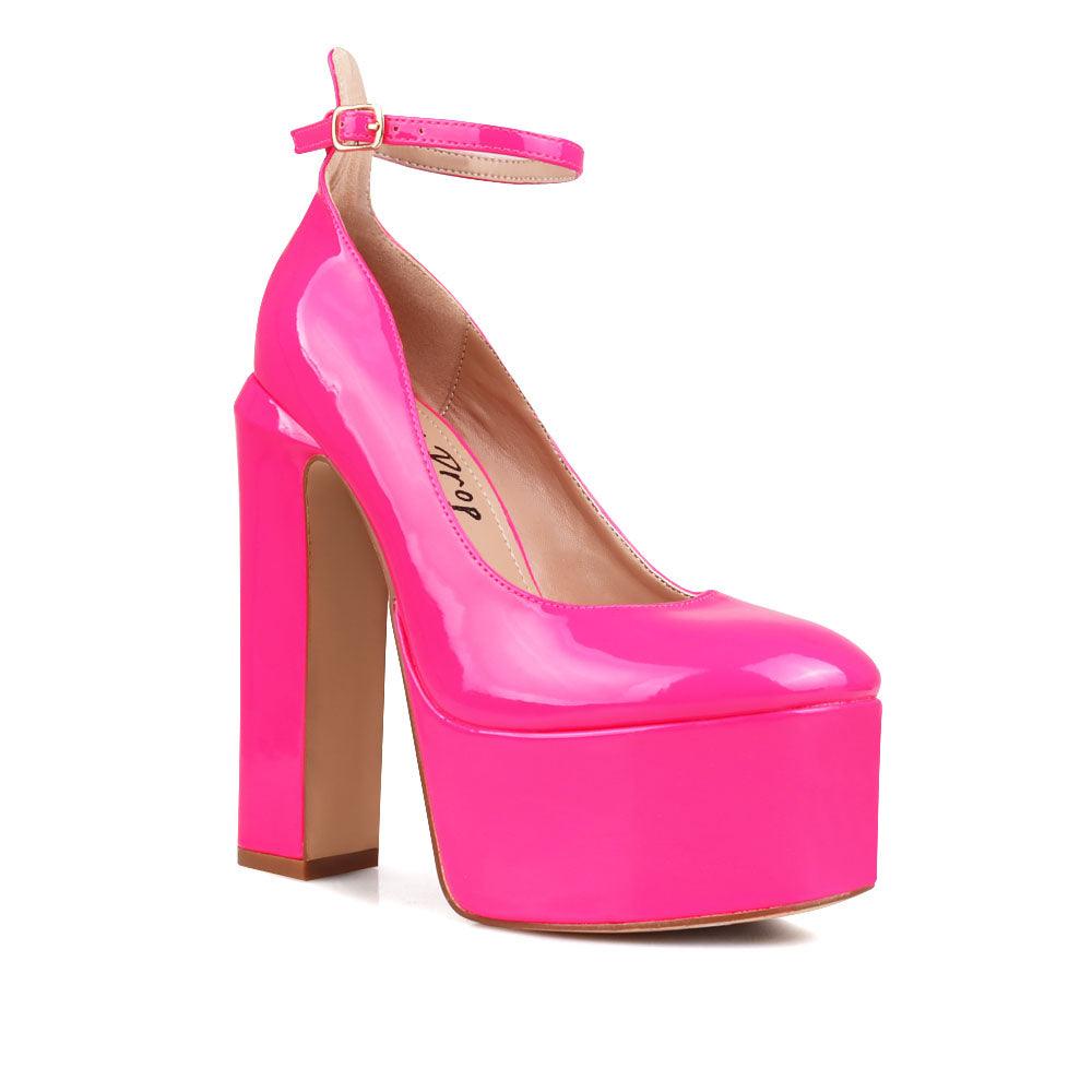 Fabric upper metallic women's platform block heel in neon pink-corner view