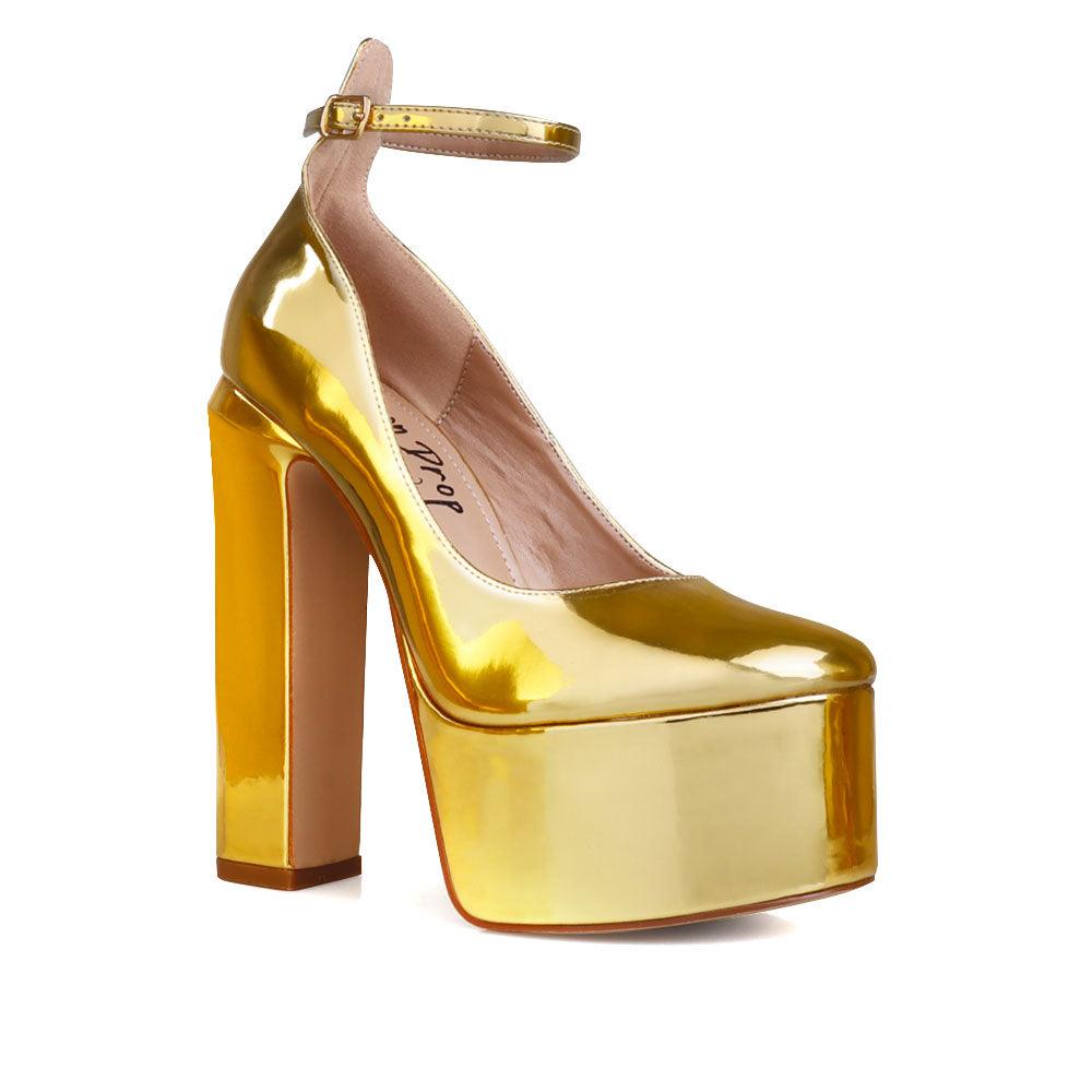 Fabric upper metallic women's platform block heel in gold-corner view