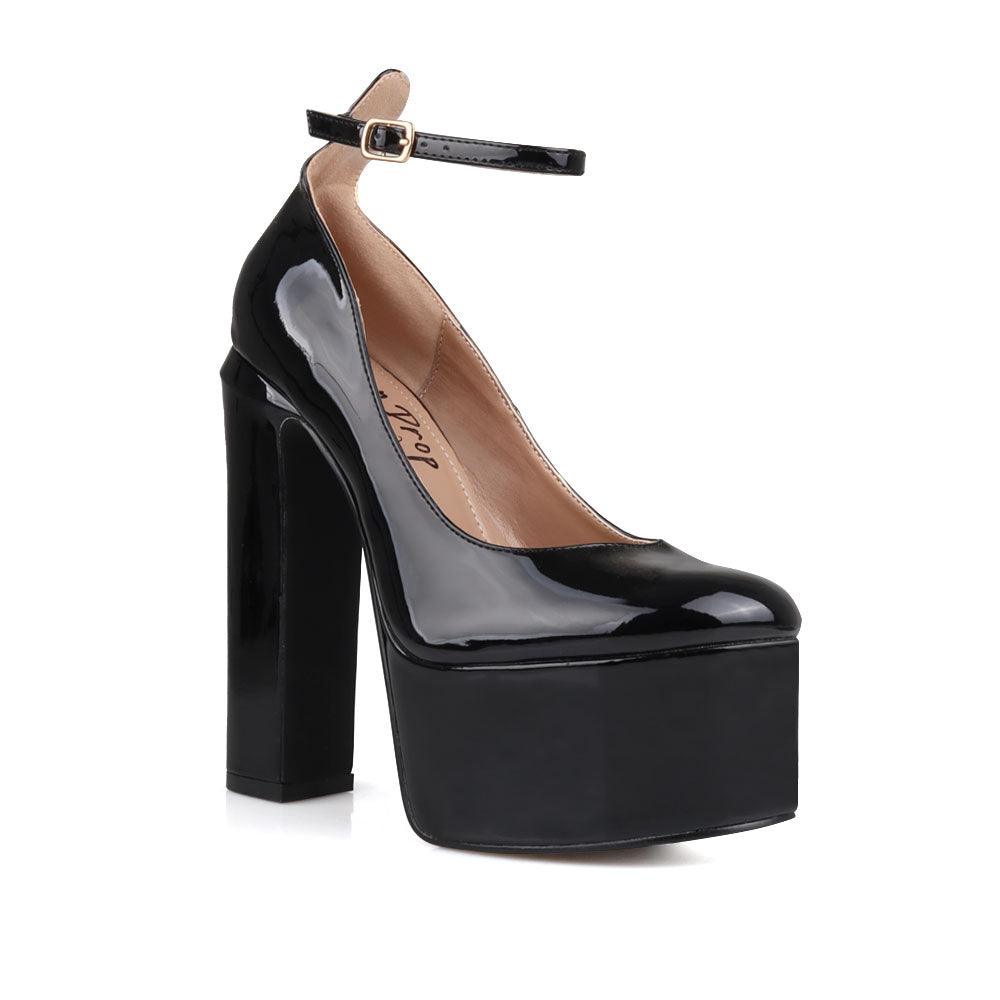 Fabric upper metallic women's platform block heel in black-posterior view