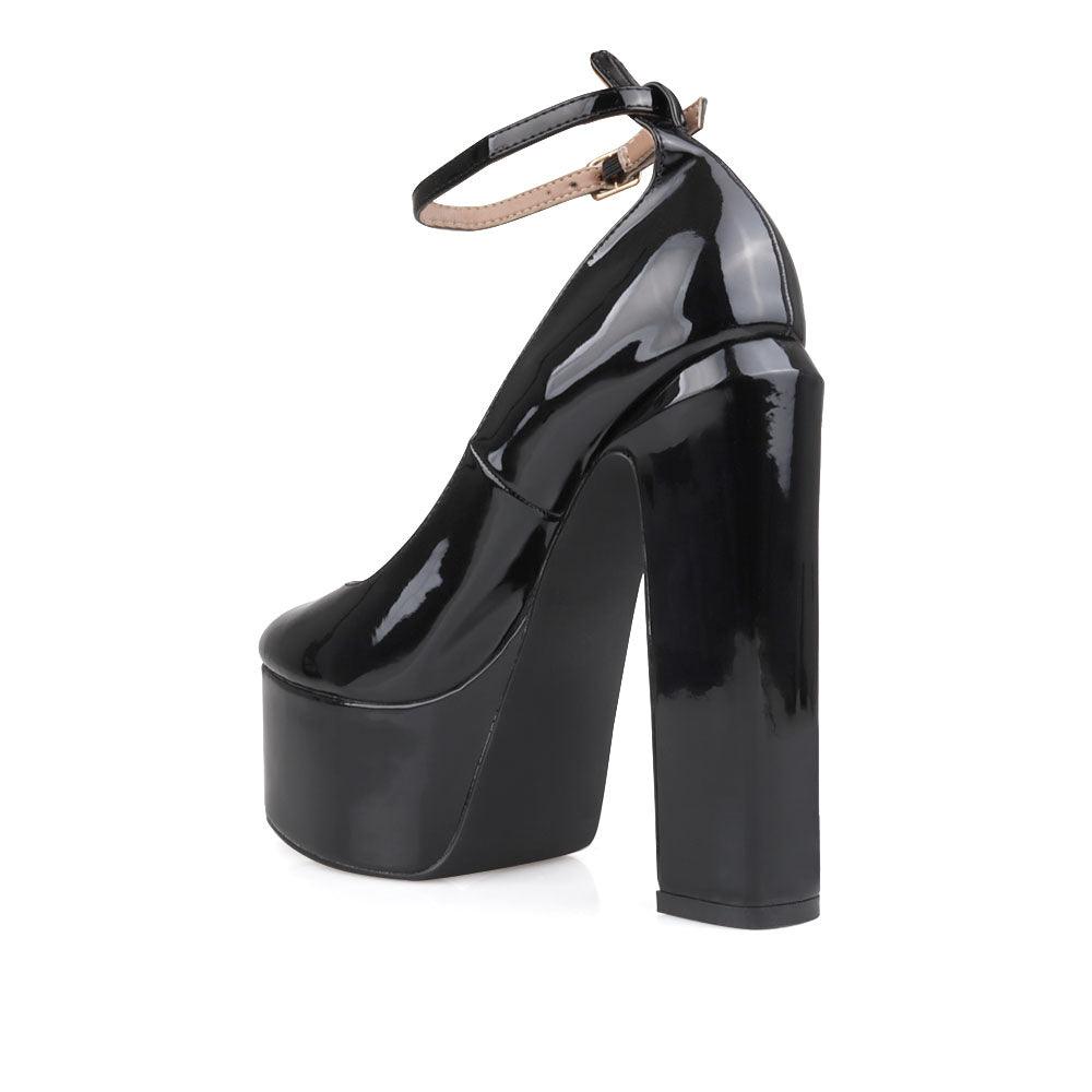 Fabric upper metallic women's platform block heel in black-posterior view