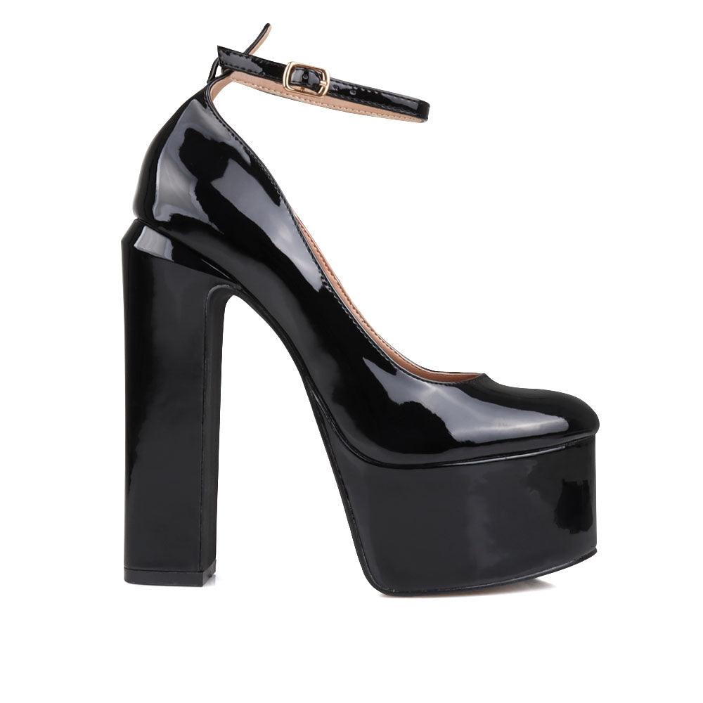 Fabric upper metallic women's platform block heel in black-side view