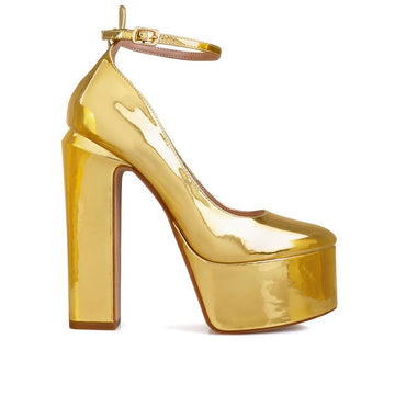 Fabric upper metallic women's platform block heel in gold-side view