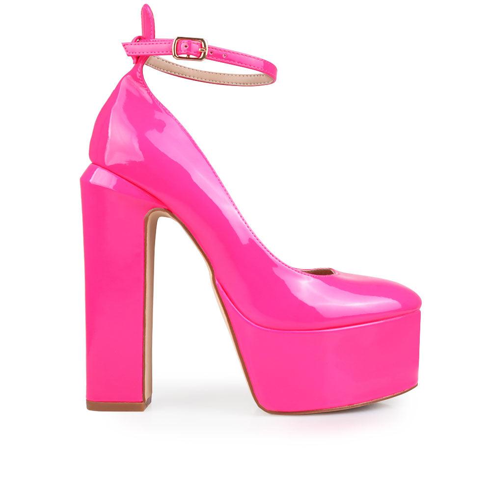 Fabric upper metallic women's platform block heel in neon pink-side view