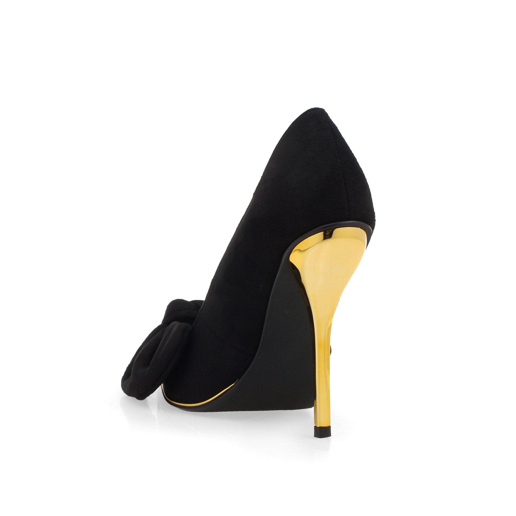 Black leather suede with bow women's heel-posterior view