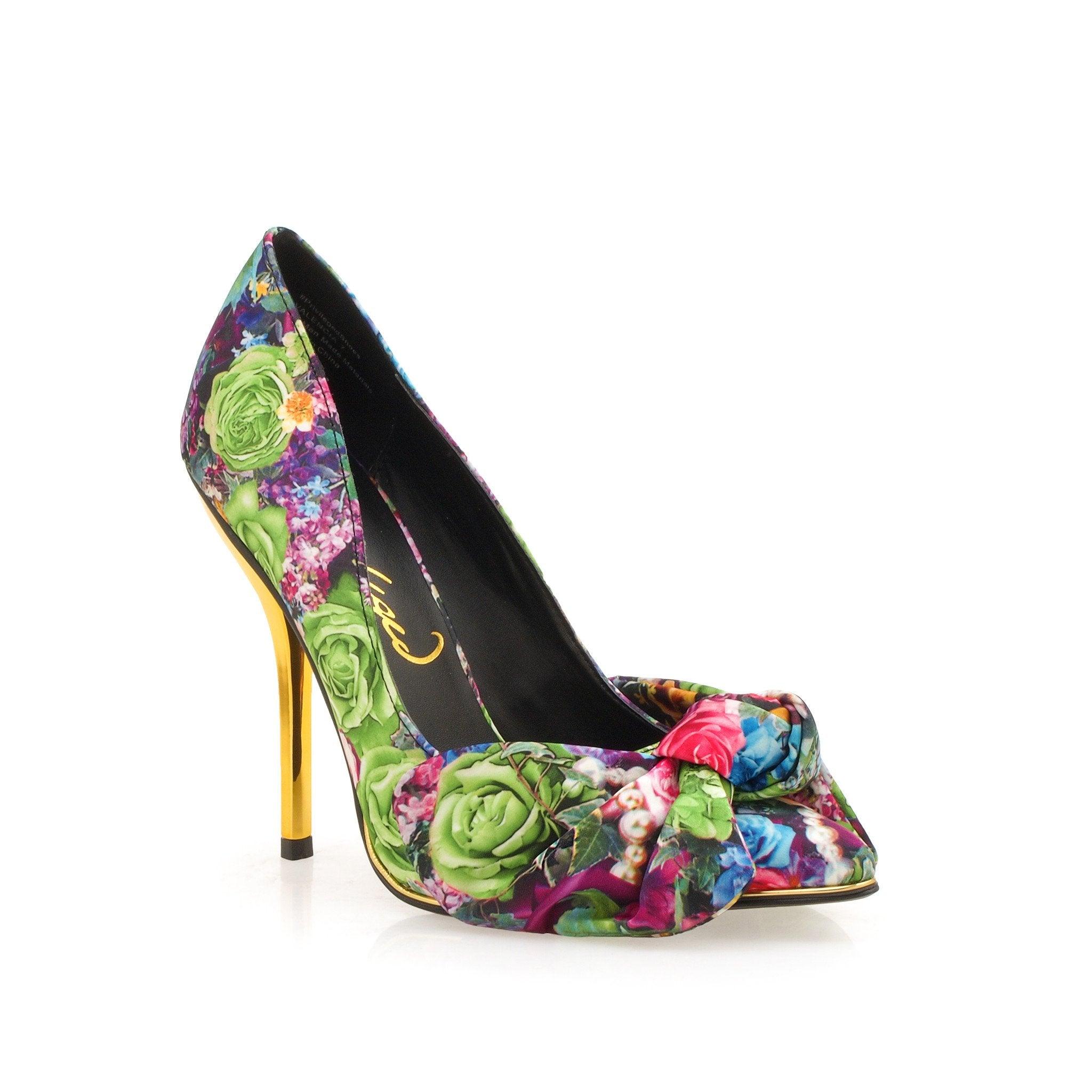 Floral silky fabric with bow women's heel -corner view