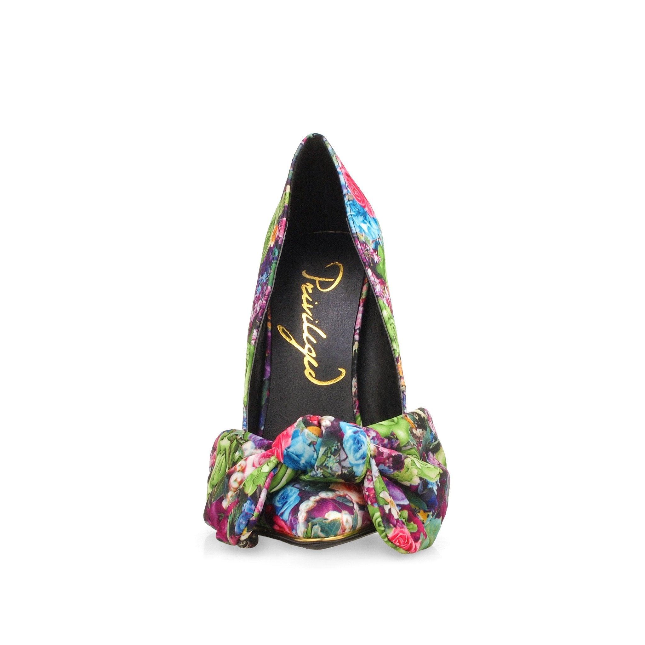 Floral silky fabric with bow women's heel -front view