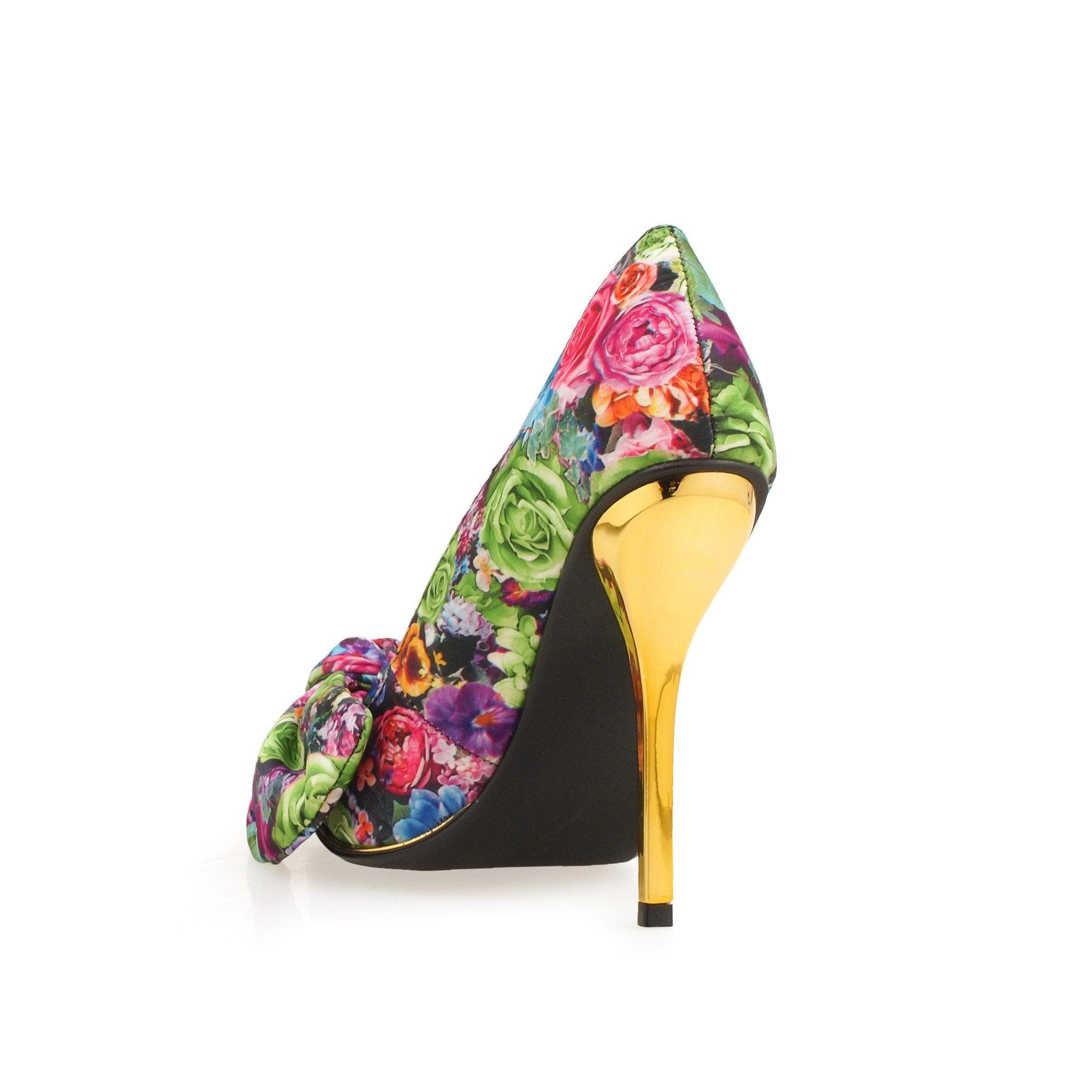 Floral silky fabric with bow women's heel -posterior view