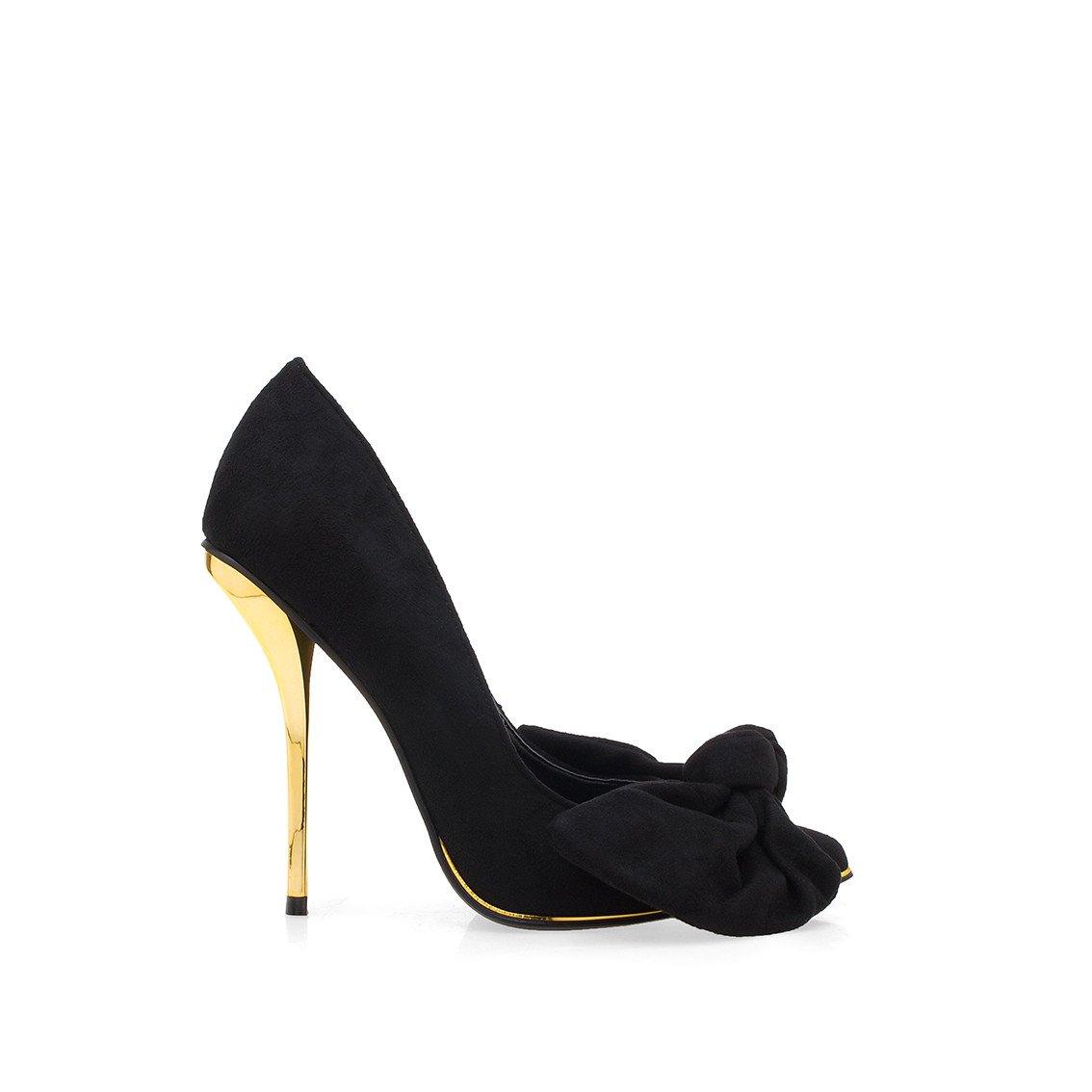 Black leather suede with bow women's heels-side view