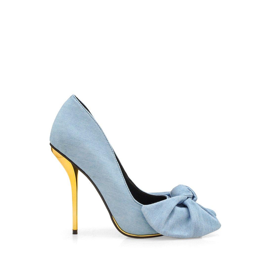 Denim silky fabric with bow women's heel-side view