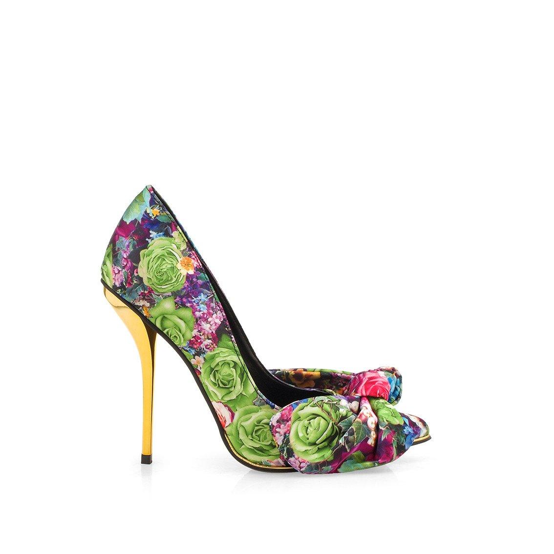 Floral silky fabric with bow women's heel -side view