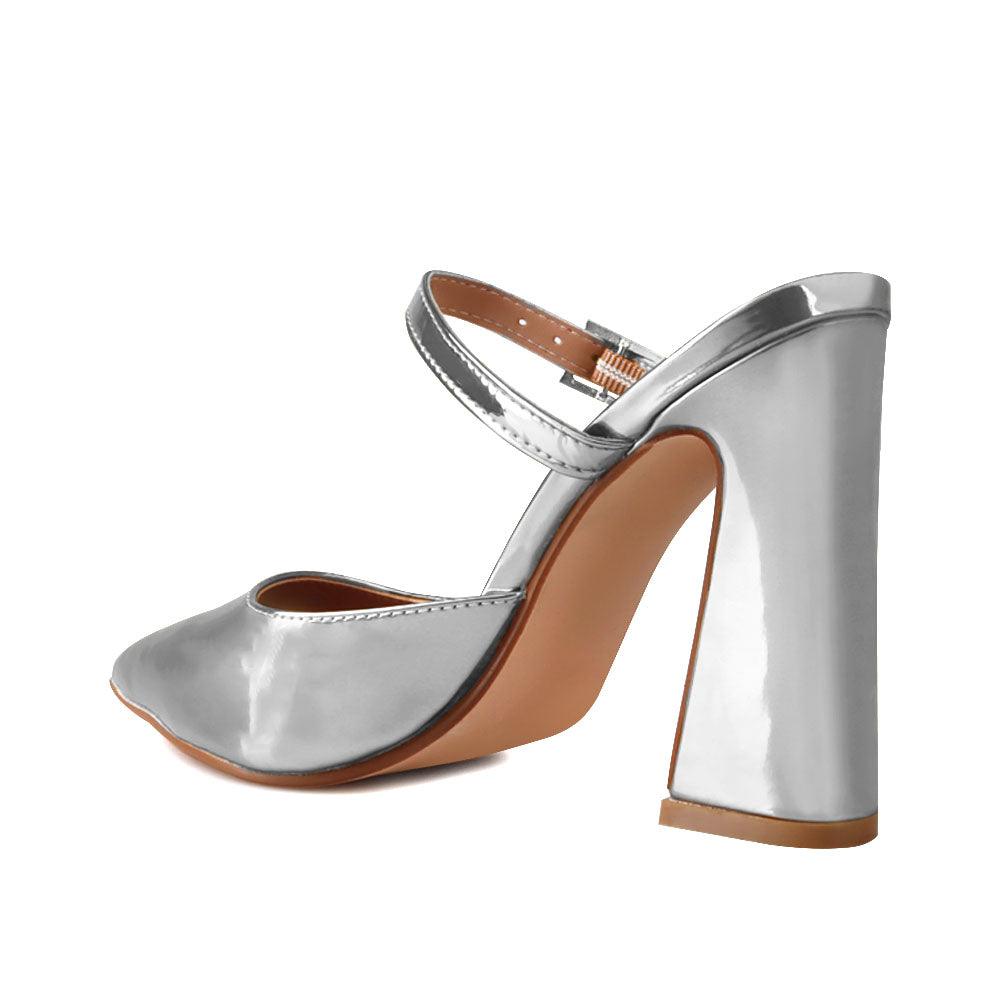 Vegan suede women's block heel sandal in silver-posterior view