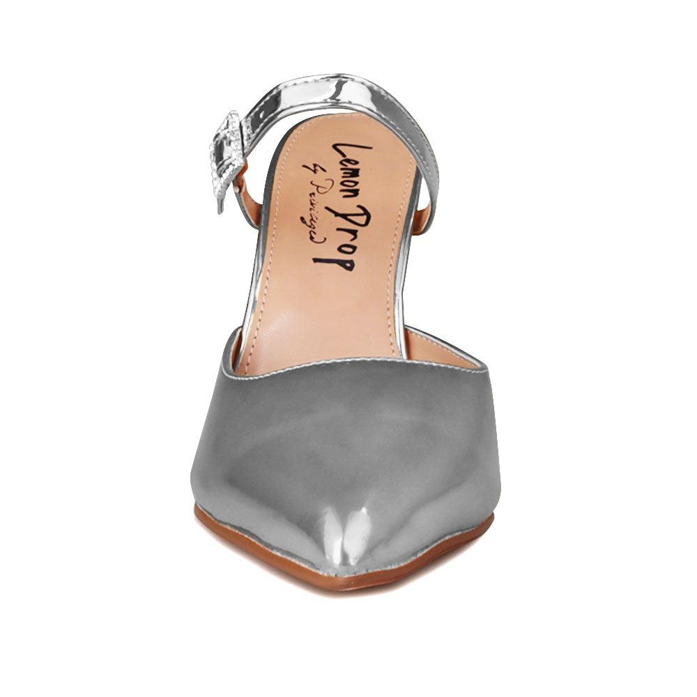 Vegan suede women's block heel sandal in silver-front view