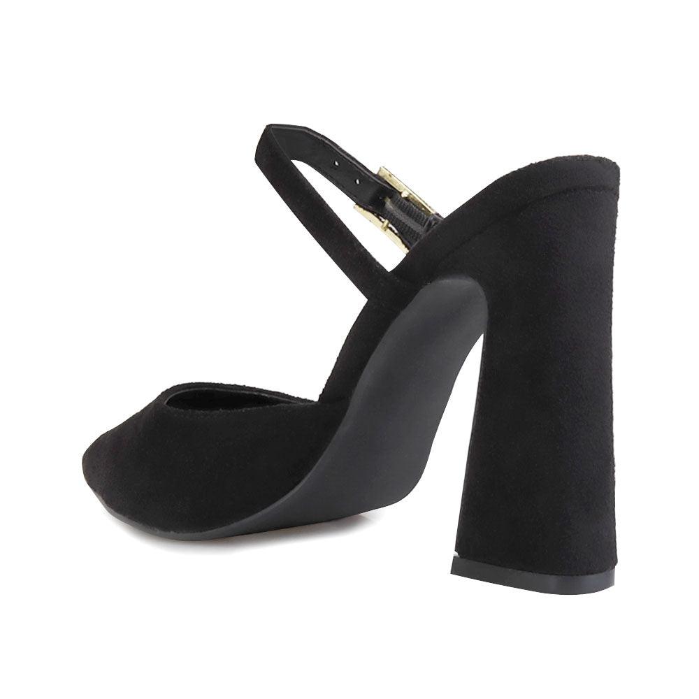 Vegan suede women's block heel sandal in black-posterior view