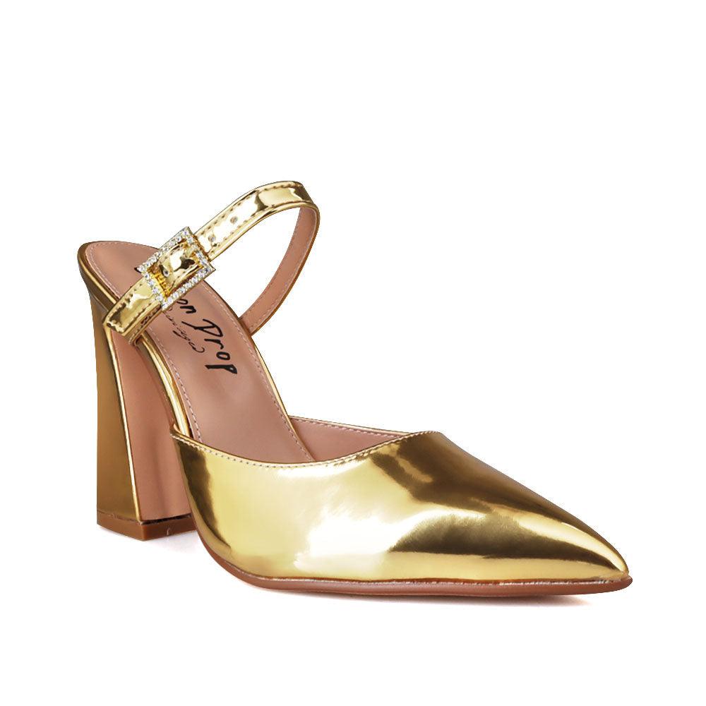 Vegan suede women's block heel sandal in gold-corner view