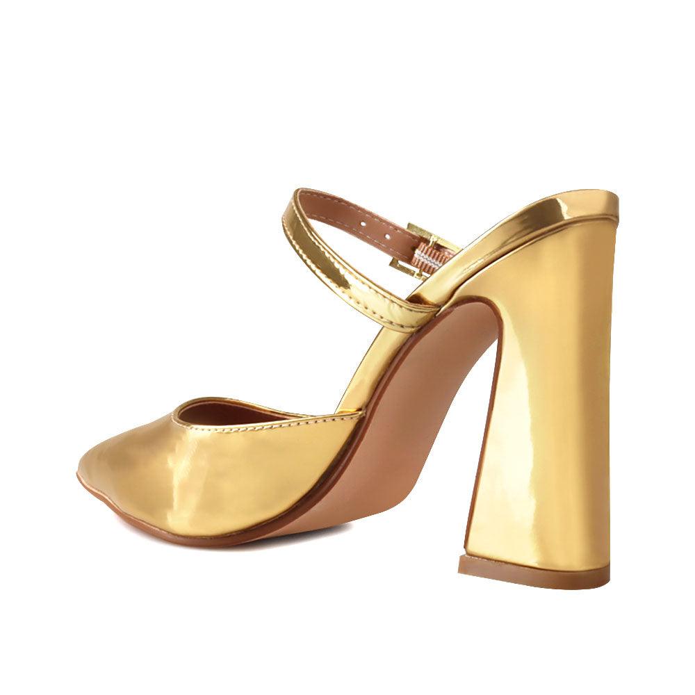 Vegan suede women's block heel sandal in gold-posterior view