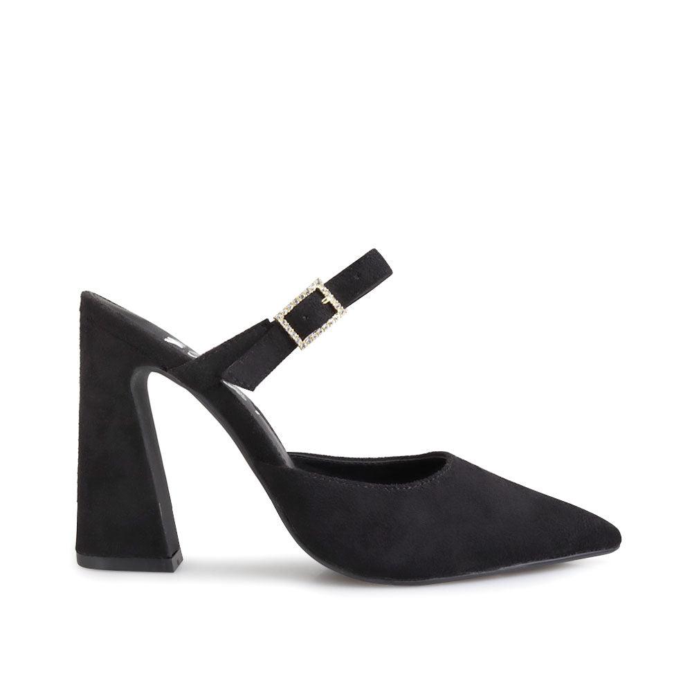 Vegan suede women's block heel sandal in black-side view