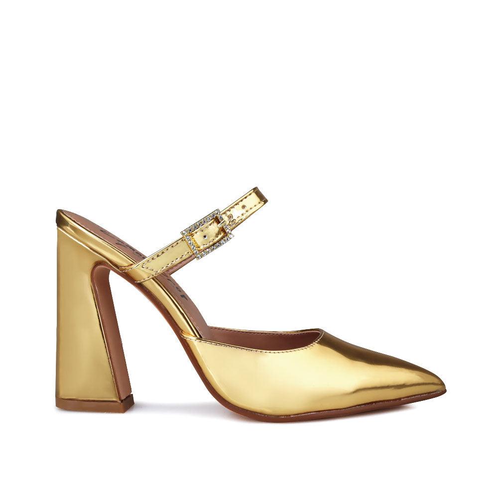 Vegan suede women's block heel sandal in golds-side view