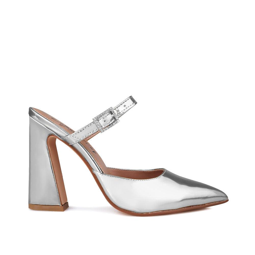 Vegan suede women's block heel sandal in silver-side view