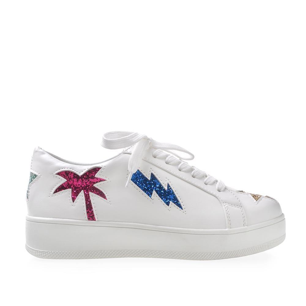 Women's white shoes with rainbow glitter accents and lace up front.