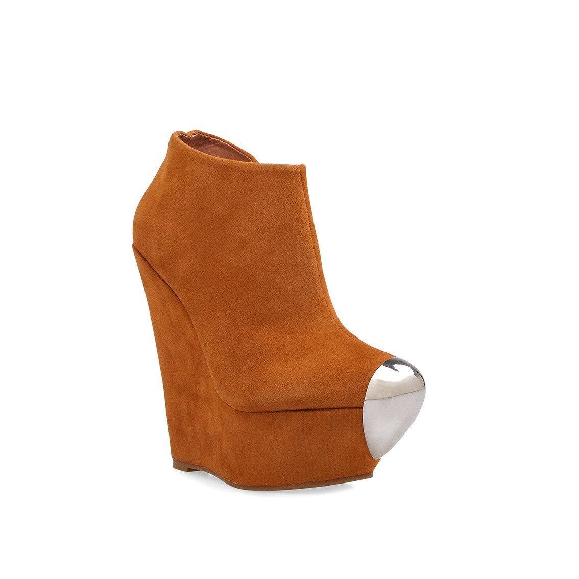 chestnut colored women shoe with silver toe - corner view