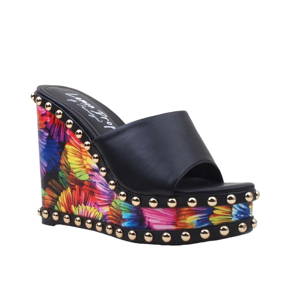 Metallic studded multi-color women wedges shoes with black top-corner view