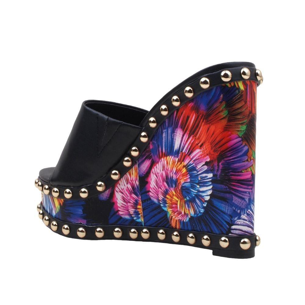 Metallic studded multi-color women wedges shoes with black top-posterior view