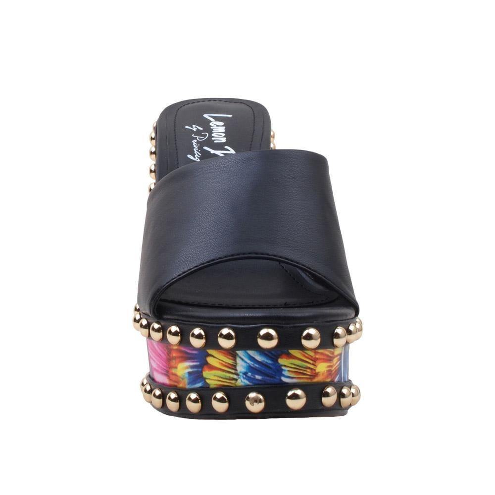 Metallic studded multi-color women wedges shoes with black top-front view