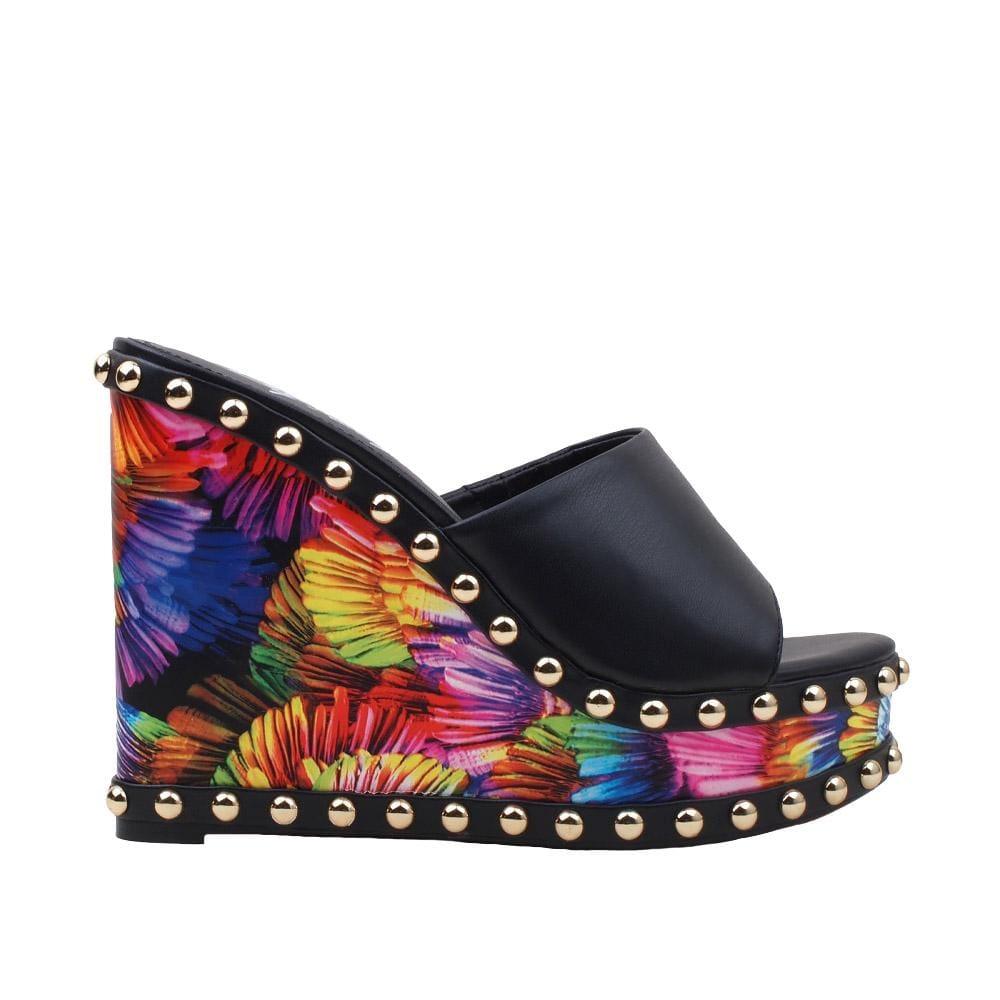 Metallic studded multi-color women wedges shoes with black top-side view