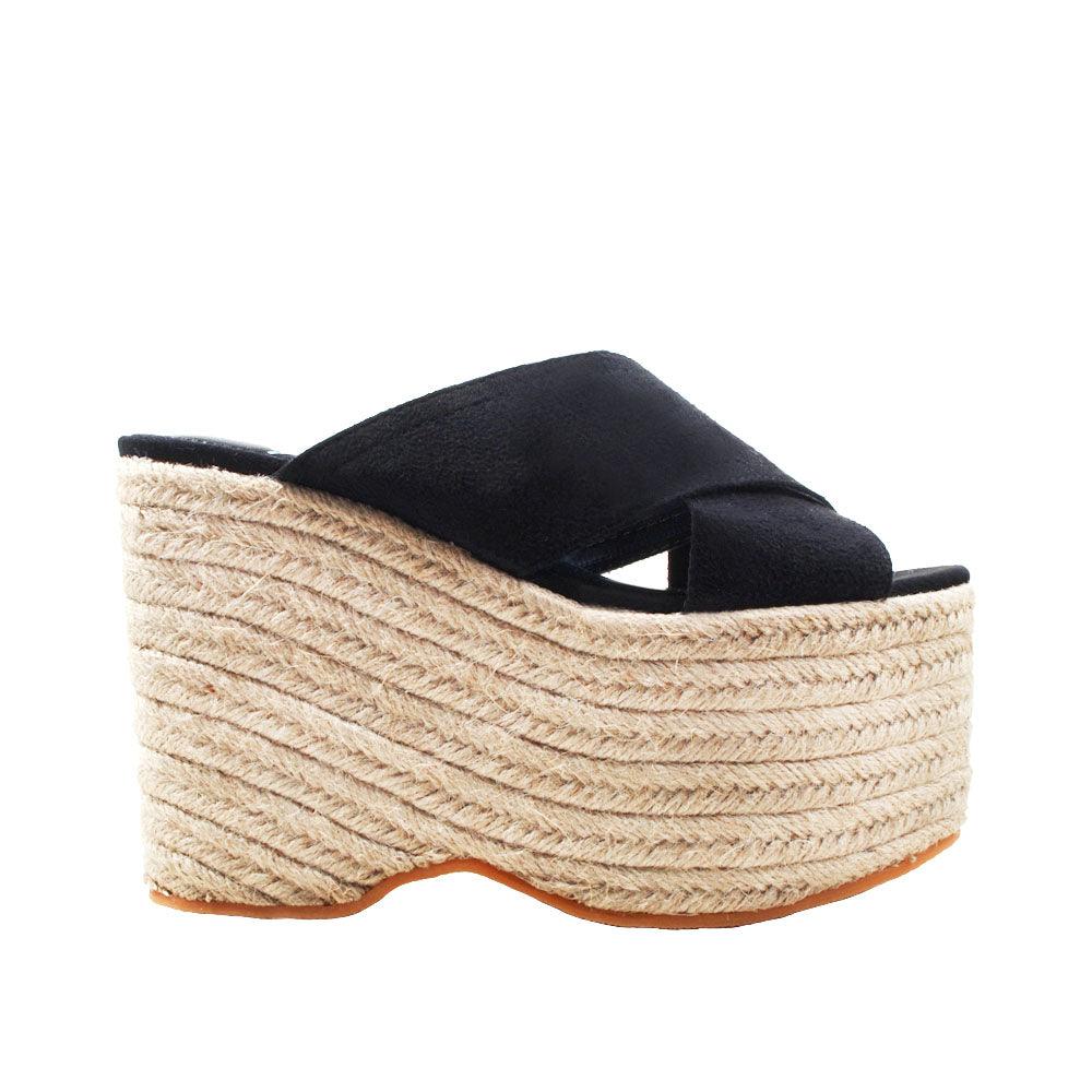 Black-colored criss-cross straps and jute platform heel